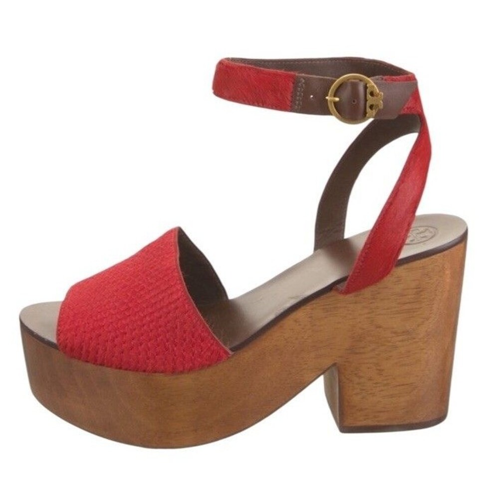 $400 NEW TORY BURCH Camilla Calf Hair Leather Red Platform sandals Heel Wooden